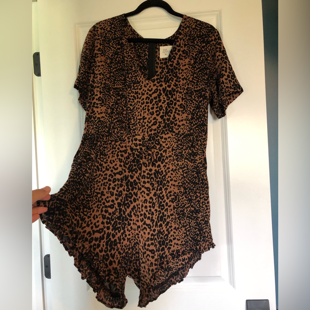 The People Vs Romper, Animal Print, Short Sleeves, Waistband Tie, Ruffle Shorts